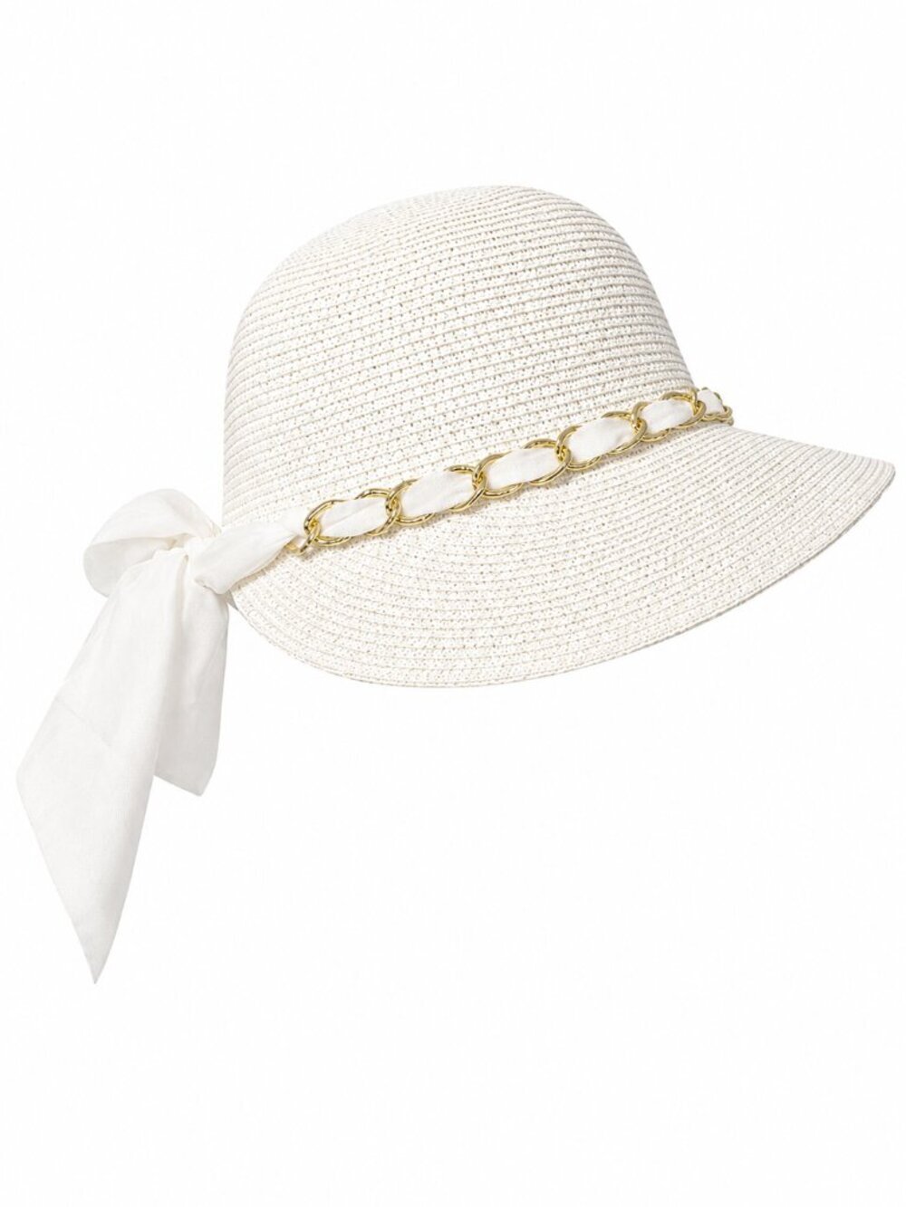 White Straw Wide Brim Sun Hat w/ Gold Chain & Ribbon Bow – Summer Beach Resort